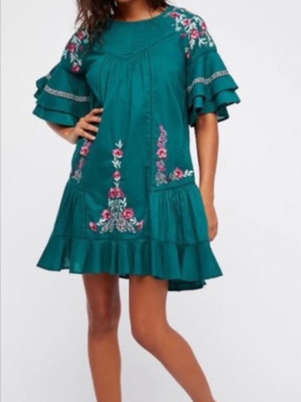 Free People Green Embroidered Bell Sleeve Boho Babydoll Mini Dress Tunic Sz S